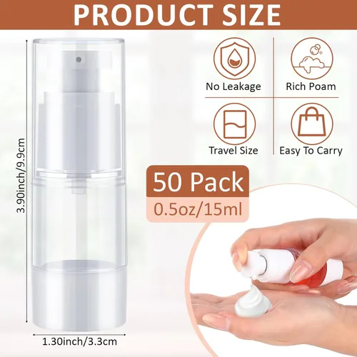 Miniatura 2 de Yaomiao 50 botellas de bomba sin aire de 0.5 oz 0.5 fl oz de plástico dispensador de loción cosmética botella de base de tamaño de viaje, contenedor
