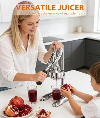 Miniatura 7 de Exprimidor manual profesional de mano – Exprimidor de cítricos de acero inoxidable resistente para naranja, limón y granada con base estable y taza