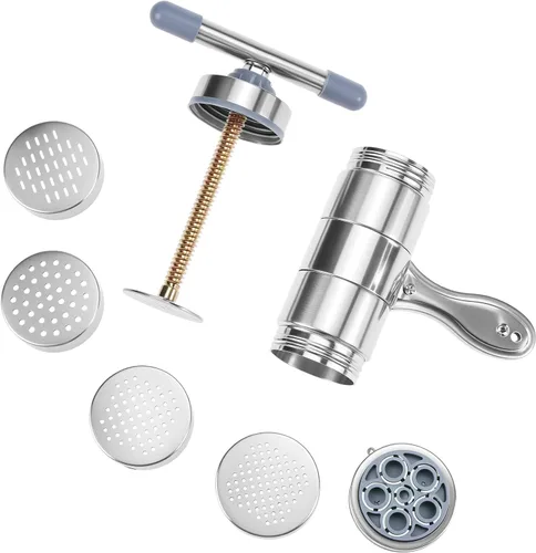 Miniatura 2 de QWORK Máquina de fideos de acero inoxidable, máquina manual de pasta con 5 moldes de fideos, máquina de fideos de prensa de pasta