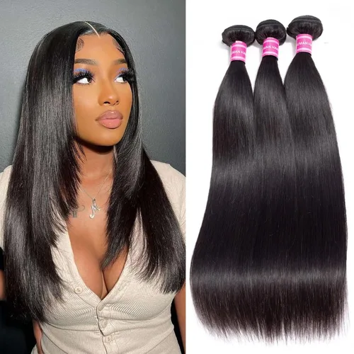 Miniatura 9 de 3 manojos de cabello humano lacio 100% sin procesar virgen brasileño paquetes de 10, 12, 14 pulgadas, mechones de cabello humano corto sin procesar