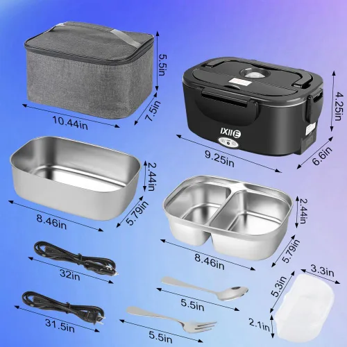 Miniatura 7 de IXIIE Lonchera eléctrica de 80W, calentador de alimentos para el trabajo, 12V/24V/110V, lonchera portátil para adultos con 2 envases de acero