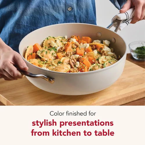 Miniatura 5 de KitchenAid - Sartén/cocedor jumbo de cerámica anodizada dura antiadherente con inducción con tapa y mango auxiliar, apta para lavavajillas, Porcelana