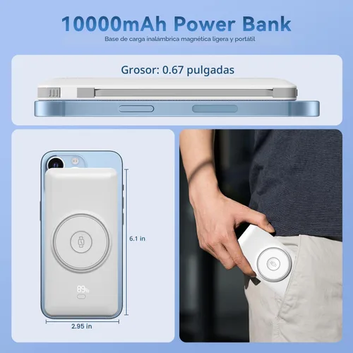 Miniatura 5 de Cargador portátil magnético de 10000 mAh para iWatch e iPhone, banco de energía inalámbrico de carga rápida USB C de 22.5W con cables integrados