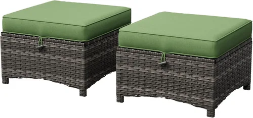 Miniatura 9 de Juego de 2 otomanas para patio, 22 x 22 x 18 pulgadas, reposapiés de mimbre para exteriores con cojín, beige, para jardín, patio trasero, cubierta