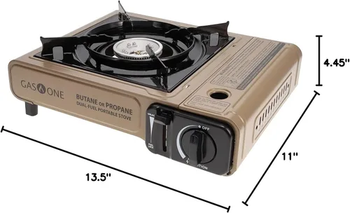 Miniatura 8 de Estufa portátil de doble combustible (gas propano y butano) para campamento y excursiones, con bolsa de transporte dorada, de Gas One (GS-3400P)