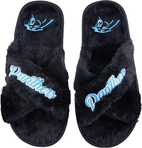 Miniatura 11 de FOCO Pantuflas deslizantes cruzadas mullidas con logotipo de texto del equipo NFL para mujeres