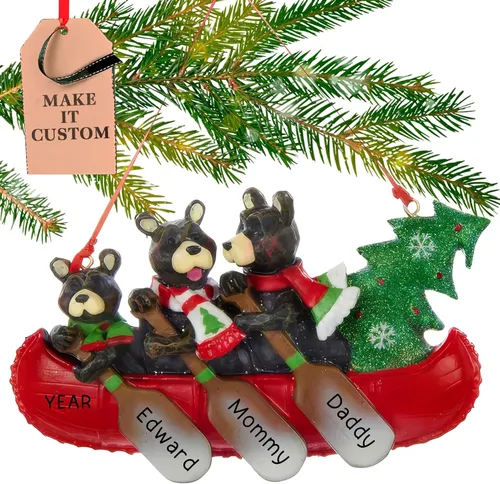 Adorno personalizado para familia de 3 2026 | Adornos de Navidad de oso grabado con láser las 24 horas para árbol | Regalo de recuerdo de canoa de