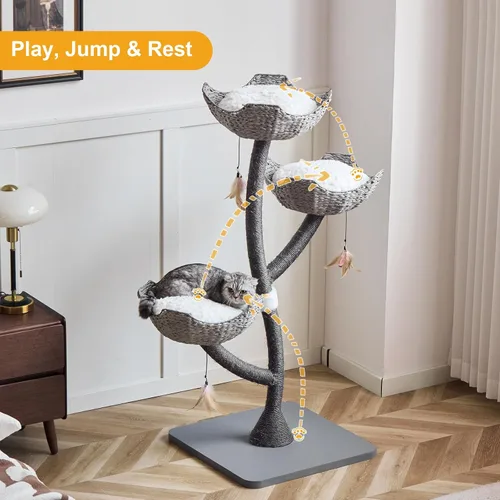 Miniatura 5 de Torre de árbol gris moderno de 52 pulgadas de alto para gatos grandes, postes rascadores para gatos con cestas tejidas a mano Condominio de lujo