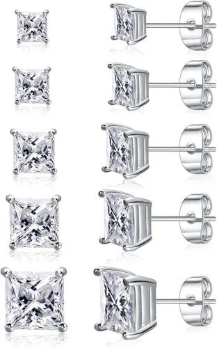 Gemsme 5 pares de aretes tipo dormilona de circonita cúbica de corte princesa para mujereshombres, chapados en oro de 18 quilates, hipoalergénicos,