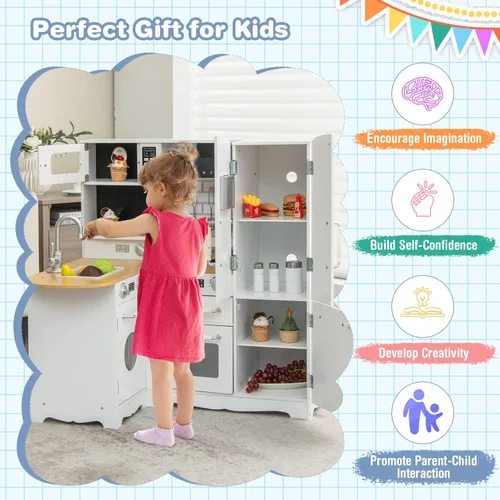 Miniatura 2 de Costzon Juego de Cocina de Esquina para Niños, Juego de Cocina de Madera de Juguete 11 en 1 con Lavadora Realista, Microondas, Horno, Estufa