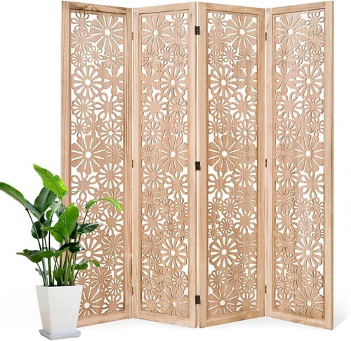 Panel divisor de madera plegable, pantalla de privacidad tallada en margaritas de 67 pulgadas de alto, no requiere montaje, partición decorativa de
