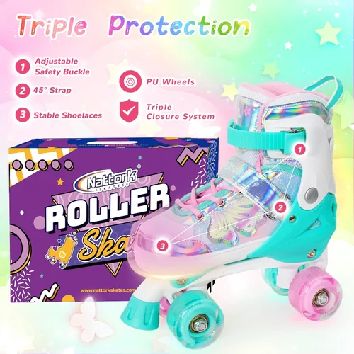 Miniatura 5 de Nattork Patines de Ruedas para Niñas y Niños, Patines Cuádruples de 4 Tamaños Ajustables con Diseño de Mariposa y Flor con Todas las Ruedas Verde