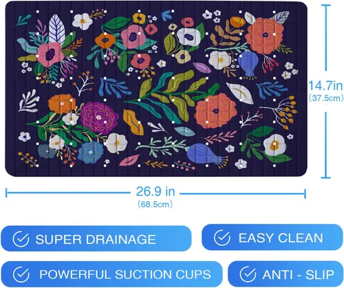 Miniatura 7 de Tapete de baño floral bohemio morado antideslizante con flores abstractas para ducha, tapete de baño botánico para bañera con ventosas y agujeros