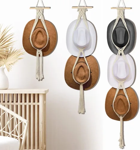 Yulejo 3 piezas de macramé para sombrero, colgador de sombreros bohemio para pared, organizador de vaquera, estante de exhibición de tejido a mano,
