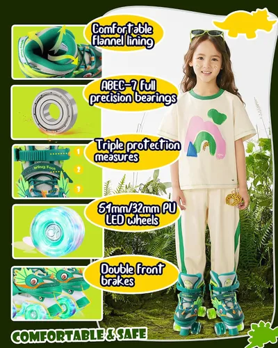 Miniatura 6 de Dino - Patines de ruedas para niños y niñas, WESKIFAN Dinosaur Quad Skating Shoes con ruedas brillantes y tamaños ajustables para principiantes