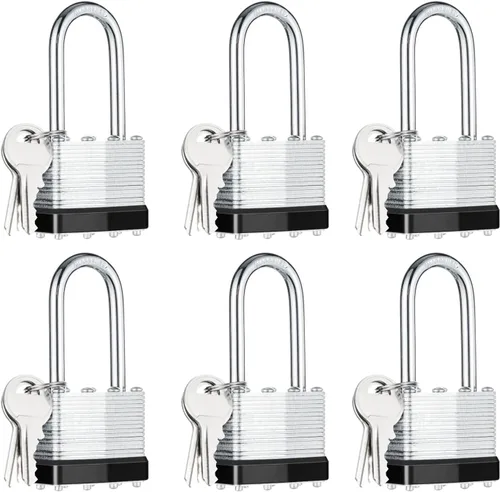 6 candados con las mismas llaves, acero laminado negro plata (1-9/16 pulgadas, 1.575 in), grillete largo para cobertizos, puertas, vallas, caja de
