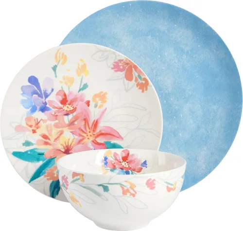 Spice by Tia Mowry Goji Blossom - Juego de vajilla de porcelana decorada resistente a las astillas y los arañazos, color azul, 12 piezas