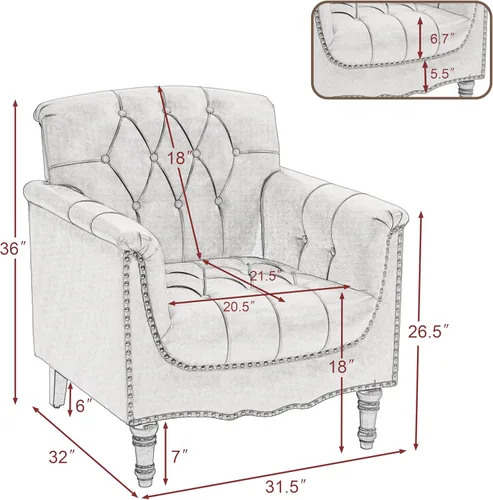 Miniatura 2 de Pia Ricco Silla decorativa moderna copetuda, sillón individual de piel sintética con ribete de cabeza de clavo y patas de madera, cómodo asiento