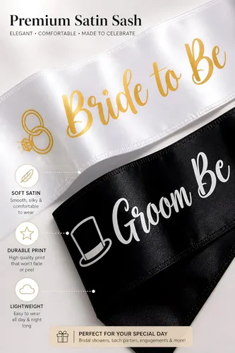 Miniatura 7 de Brosash Juego de bandas de novia y novio, bandas de satén blanco y negro para fiesta de compromiso, regalos de despedida de soltera, boda, despedida
