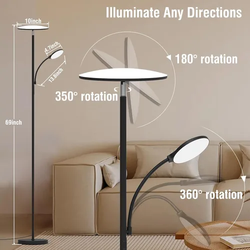Miniatura 6 de Lámpara de pie, 42 W, 4500 lúmenes, lámpara de pie LED súper brillante con luz de lectura giratoria, control remoto táctil y función de memoria
