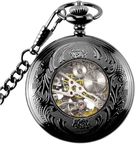 Miniatura 4 de Avaner Steampunk Retro Half Hunter Copper Gear Skeleton Hand Wind Mecánico Número romano árabe Pantalla analógica Reloj de bolsillo con cadena de 14