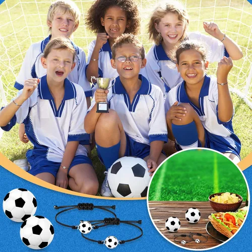 Miniatura 5 de Juego de 48 piezas de suministros de fiesta de fútbol, 24 pulseras inspiradoras de fútbol, 24 mini bolas de espuma antiestrés para deportes, fiesta