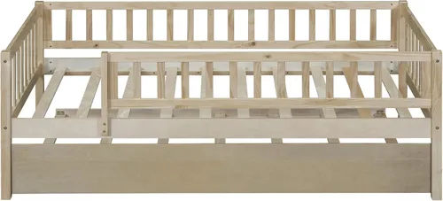 Miniatura 4 de Cama Montessori de tamaño individual para niños pequeños, sofá cama de madera con valla y nido, marco de cama baja con rieles para niños y niñas