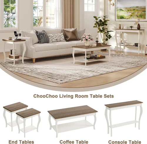Miniatura 6 de ChooChoo Mesa auxiliar, mesa central rústica con patas curvas y estante de almacenamiento, mesa de centro de 39 pulgadas para sala de estar, blanco