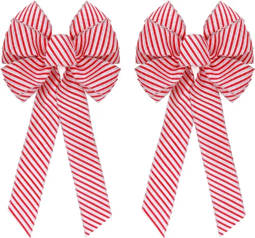 Meseey 2 lazos grandes de 16 x 8 pulgadas de color rojo caramelo de Navidad para envolver regalos, decoración del árbol, puerta delantera,