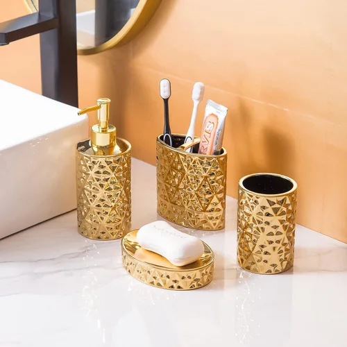 Miniatura 3 de Juego de accesorios de baño dorados de 4 piezas de cerámica para apartamentos, incluye dispensador de jabón, soporte para cepillos de dientes, taza