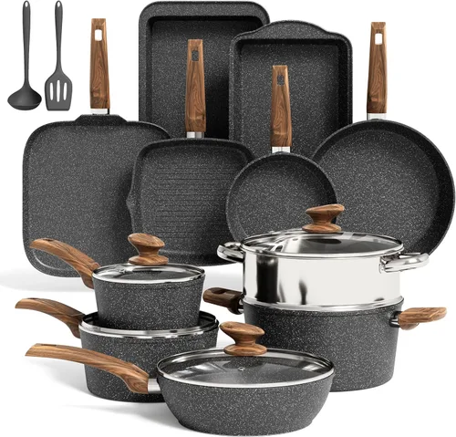 Kitchen Academy Juego de 17 piezas de ollas y sartenes antiadherentes, juegos de batería de cocina antiadherentes, batería de cocina de granito Negro