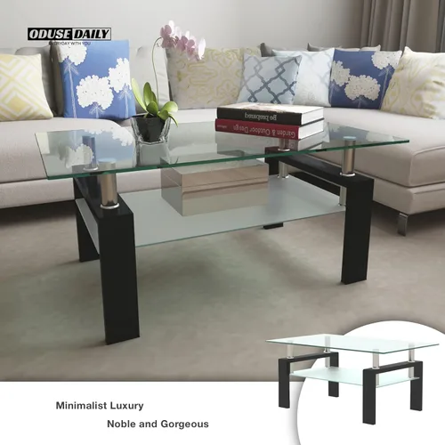 Miniatura 6 de ODUSE-DAILY Morden Design - Mesa auxiliar rectangular de cristal para sala de estar, con patas de metal negro, vidrio templado transparente