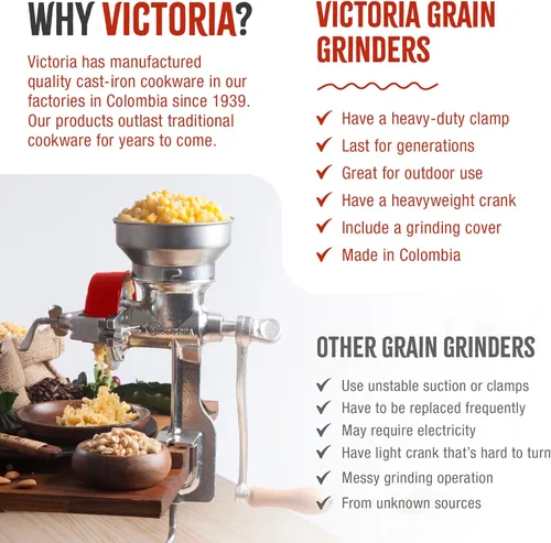 Miniatura 5 de Victoria molinillo manual para cereales profesional; molinillo para granos de maíz con sujeción para mesa con tolva inferior, de hierro fundido