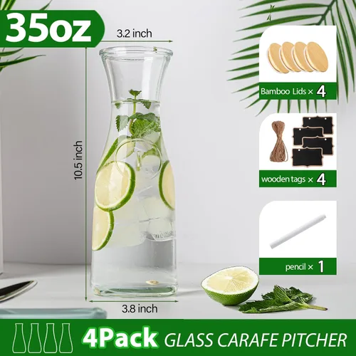 Miniatura 2 de Jarras de vidrio con tapas de bambú, 4 piezas de 1 litro para bebidas de 1 litro, juego de jarras para barra de mimosa, contenedor de jugo
