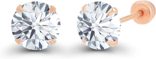 Miniatura 2 de Juego de aretes solitarios de oro macizo de 14 quilates, hipoalergénicos, con piedra natal redonda de 0.197in, Metal Gema Piedra, Circonia cúbica