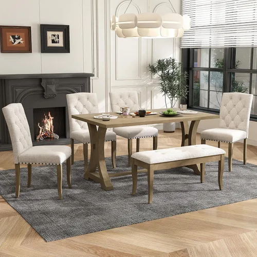 Miniatura 10 de Juego de mesa de comedor de 6 piezas estilo granja, mesa rectangular con soporte y 4 sillas tapizadas y banco, juego de muebles de cocina