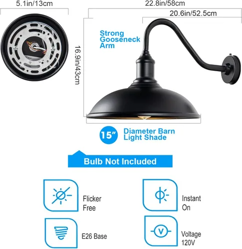 Miniatura 5 de Luz de granero grande de 15 pulgadas, con cuello de cisne al aire libre, impermeable, para montaje en pared, ideal para granja, almacén, escaparate