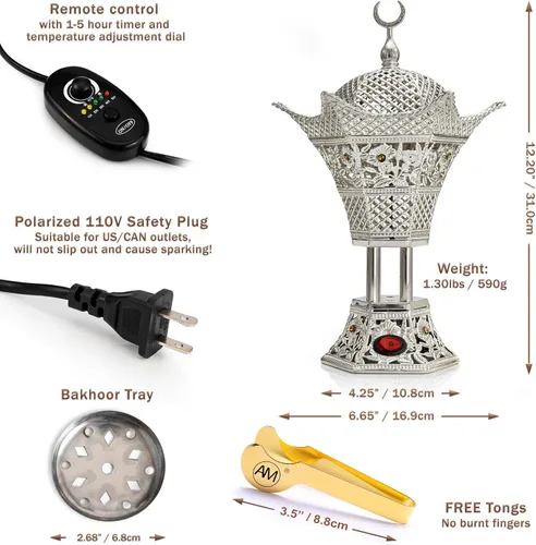Miniatura 2 de AM Quemador de incienso eléctrico regulador, temperatura ajustable y temporizador, quemador de Oud para Bakhoor, incienso, resina y aceites Plata