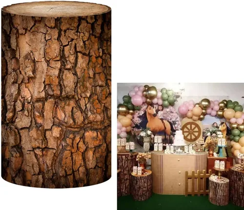 Funda de pedestal de madera vintage para decoración de fiesta de cumpleaños, zócalo de textura granulada de madera, cilindro de safari en la selva,