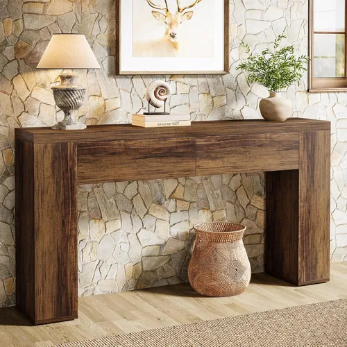 Miniatura 9 de Tribesigns Mesa consola de madera de 63 pulgadas con 2 cajones ocultos, mesa de sofá marrón rústico de granja para sala de estar, pasillo, entrada