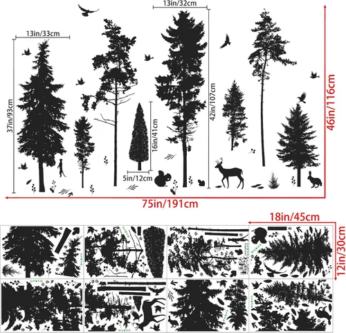 Miniatura 7 de Vinilo adhesivo de pared de pino, 9 árboles, ciervos, pájaros, conejos, bosques y naturaleza, removible de vinilo negro de alta calidad para niños