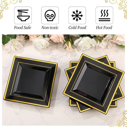 Miniatura 3 de 200 platos de plástico negro y dorado de 6.5 pulgadas, platos de postre cuadrados desechables para aperitivos, pasteles, ensalada, cubiertos