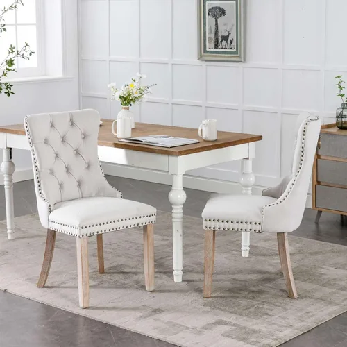 Miniatura 3 de Silla de comedor tapizada contemporánea sin brazos con patas de madera con diseño de cabeza de clavo, juego de 2, beige