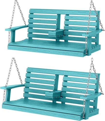 Miniatura 29 de KINGYES Columpio colgante para porche al aire libre, silla de columpio de patio de 2 asientos con portavasos, banco impermeable para patio y jardín