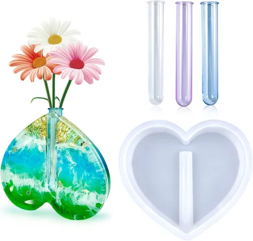 Moldes de resina de corazón de silicona para estación de propagación de plantas, moldes de silicona para fundición de resina con 3 tubos de ensayo,