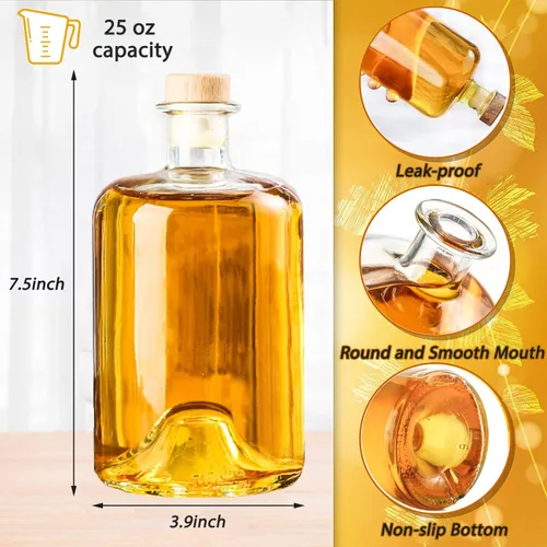 Miniatura 2 de Paquete de 2 botellas de licor de vidrio transparente de base pesada de 25 onzas con tapas de madera en T, botellas de vino transparentes, botellas