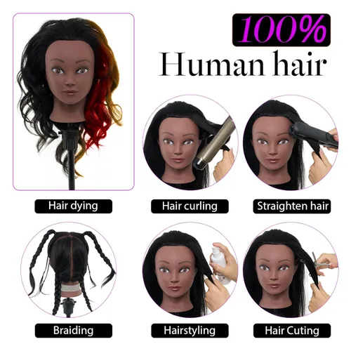 Miniatura 2 de 100% cabello humano de maniquí, cabeza de maniquí de cabello real de 18 pulgadas, cabeza de muñeca de maniquí de cosmetología para peinar