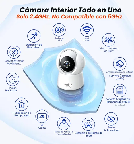 Miniatura 9 de Veise Cámara interior 2K para seguridad del hogar, monitor inalámbrico de 360° para mascotas y bebés con aplicación de teléfono, detección