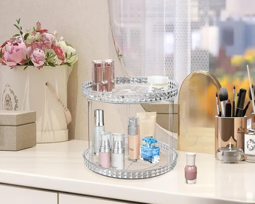 Miniatura 3 de Organizador de baño Lazy Susan de 2 niveles, organizador de maquillaje cosmético giratorio transparente de 360 grados para tocador, organizador