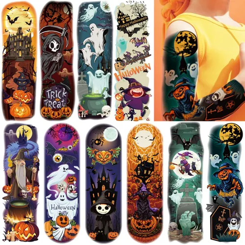 CHARLENT Tatuajes temporales de brazo completo de Halloween para niños, 11 hojas de tatuajes de Halloween de brazo completo para niños y niñas,